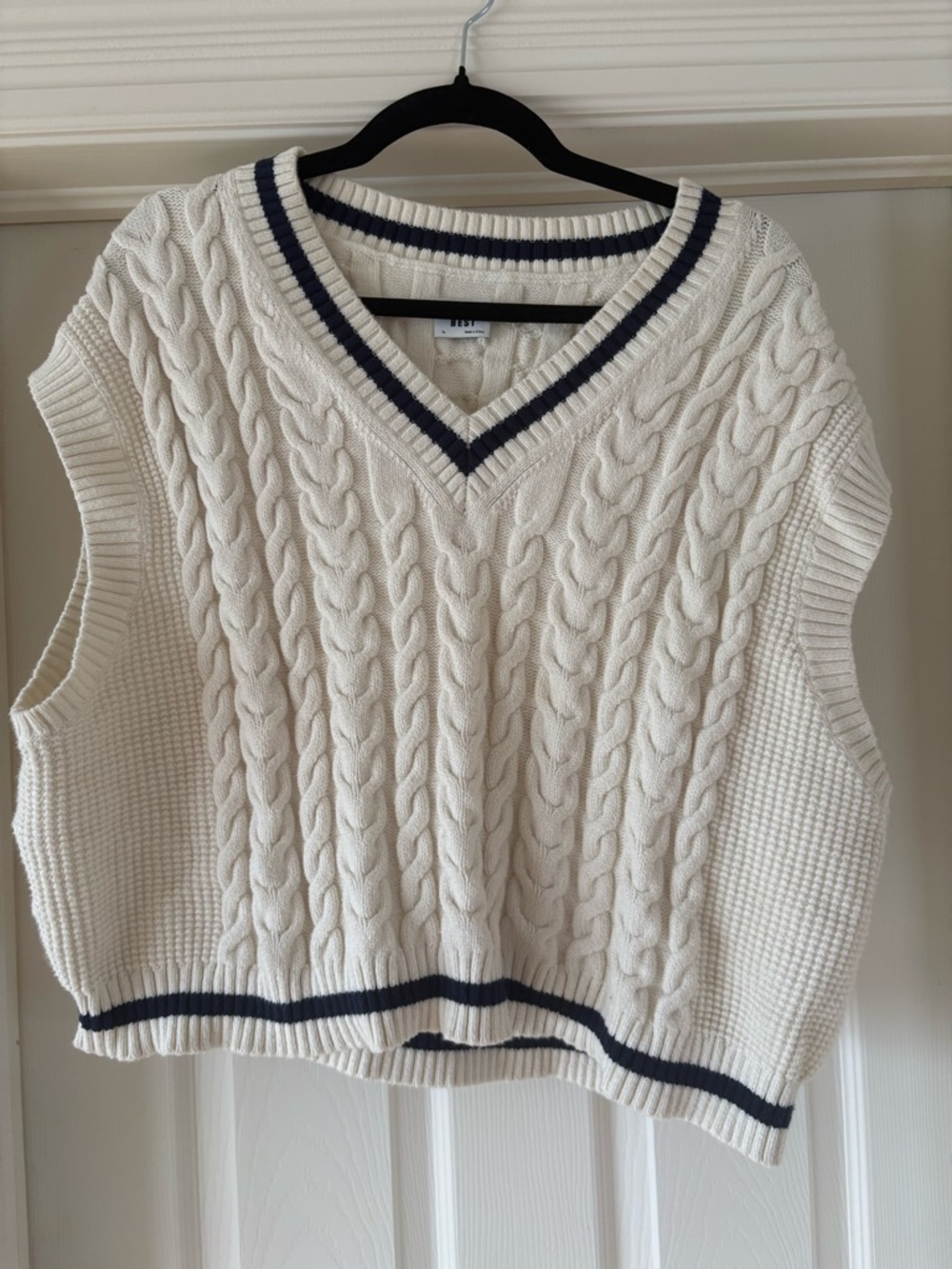 Sunday Best Cream Cable-Knit V-Neck Sweater Vest with Navy Trim